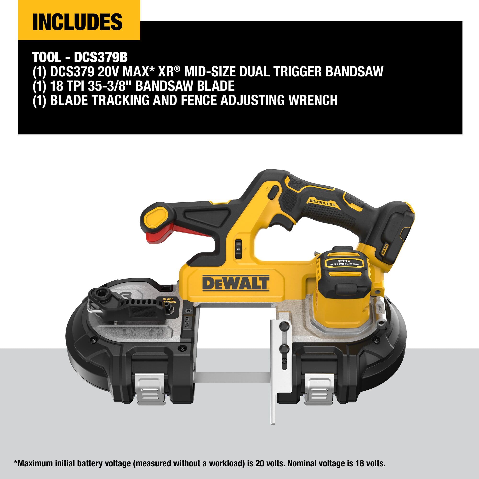 DEWALT 20V MAX XR Dual Trigger Bandsaw, Brushless Motor, Portable and Cordless, 3-3/8 Inch Cut Capacity, Bare Tool Only (DCS379B)