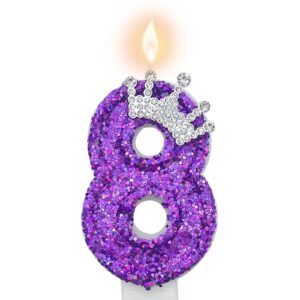 purple number 8 candle for girl birthday party decorations, girl 8th birthday party decorations supplies, 3d crown designed purple number candles for birthday cake topper decorations