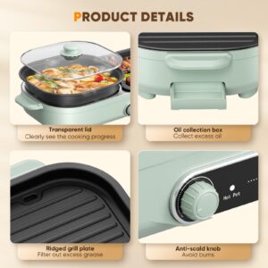 Homiesetify Electric Hot Pot with Grill, 2 In 1 Indoor Non-Stick Barbecue Shabu Hot Pot with Dual Temperature Control, Detachable Hot Pot and Baking Tray, Smokeless Shabu Korean BBQ Grill