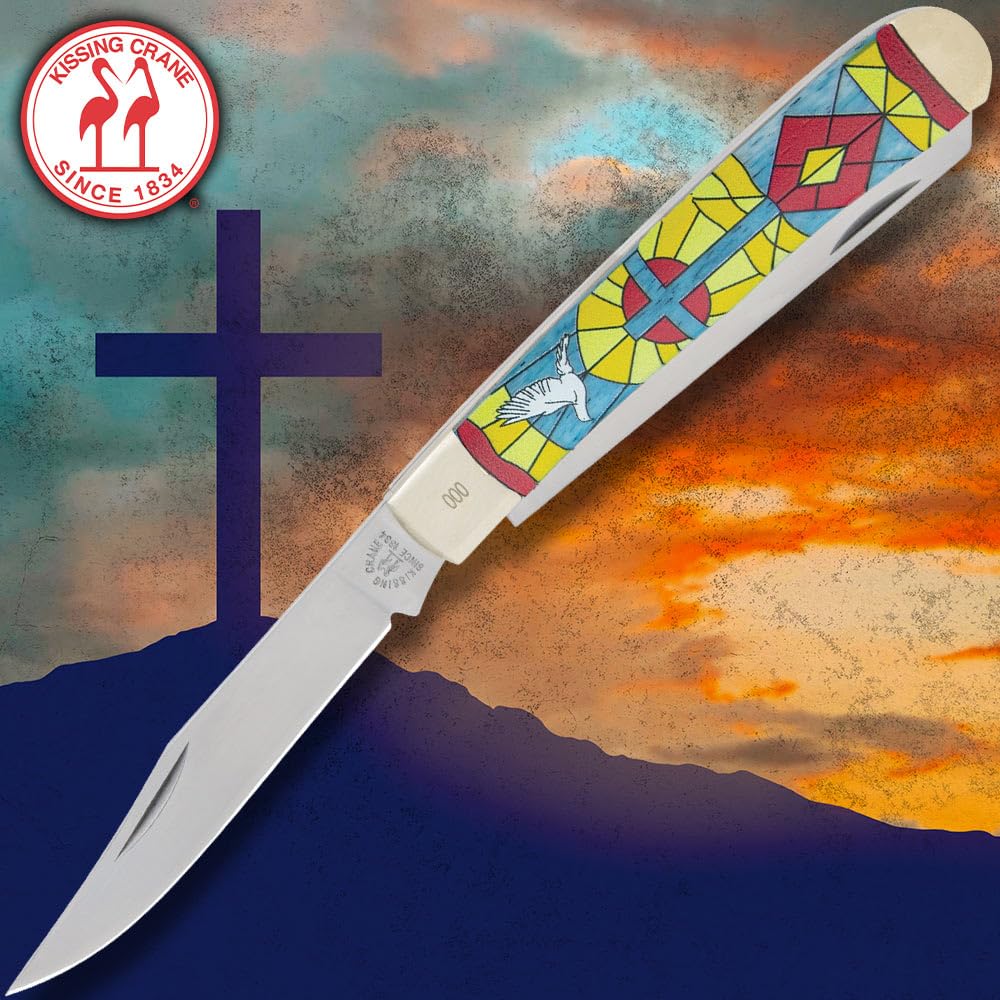 KISSING CRANE Stained Glass Trapper Pocket Knife | European Cathedral-Inspired Artwork | Stainless Steel Blades | Blue Bone Handle Scales | 3D Printed | Clip Point and Spey Blade | Closed Length 4"