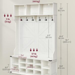 VASAGLE Hall Tree with Bench and Shoe Storage, Coat Rack with Shoe Bench, Entryway Furniture, 16 Open Compartments, 6 Tri-Hooks, Farmhouse Style, Space Saving, Rustic White UHSR427W02