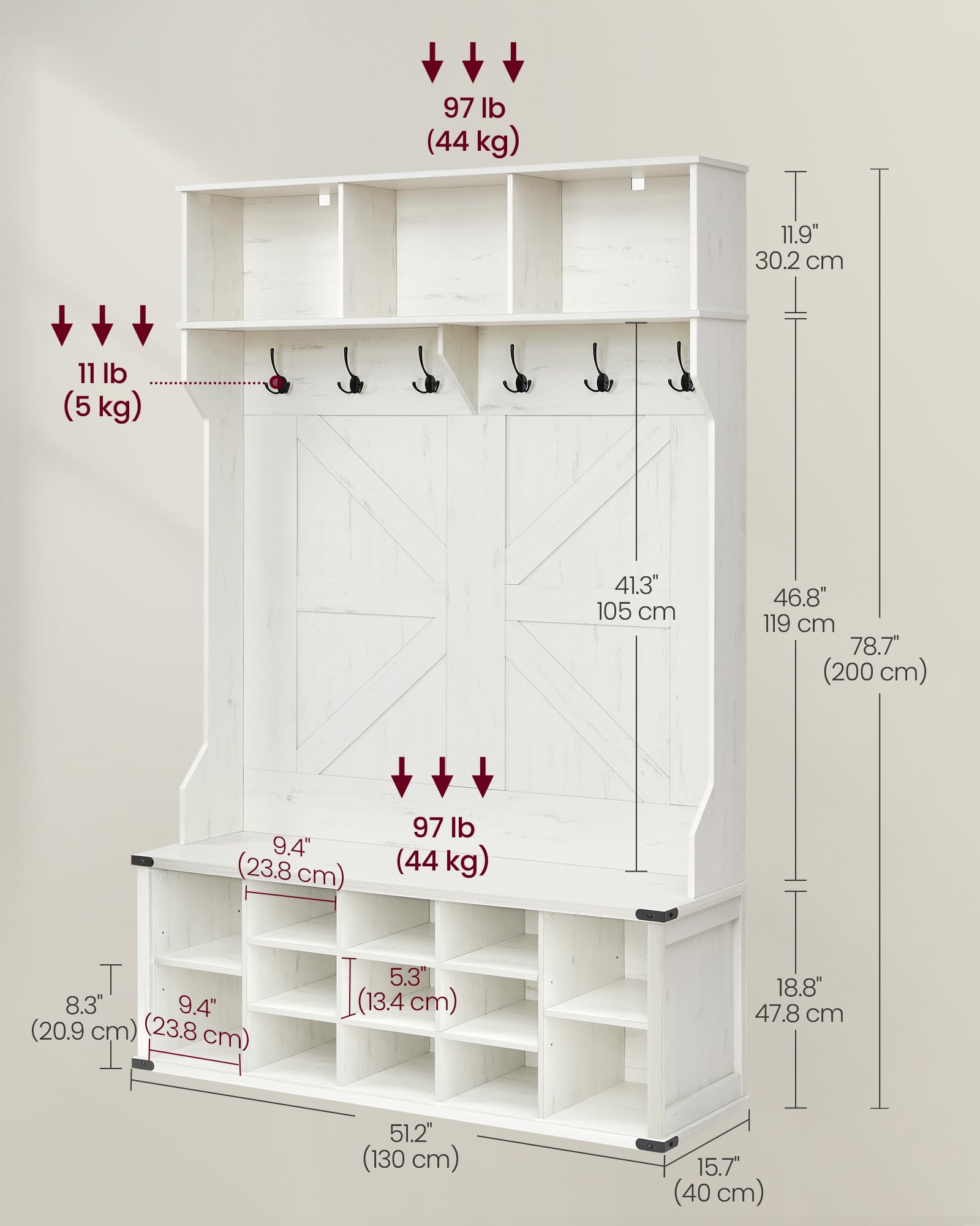 VASAGLE Hall Tree with Bench and Shoe Storage, Coat Rack with Shoe Bench, Entryway Furniture, 16 Open Compartments, 6 Tri-Hooks, Farmhouse Style, Space Saving, Rustic White UHSR427W02