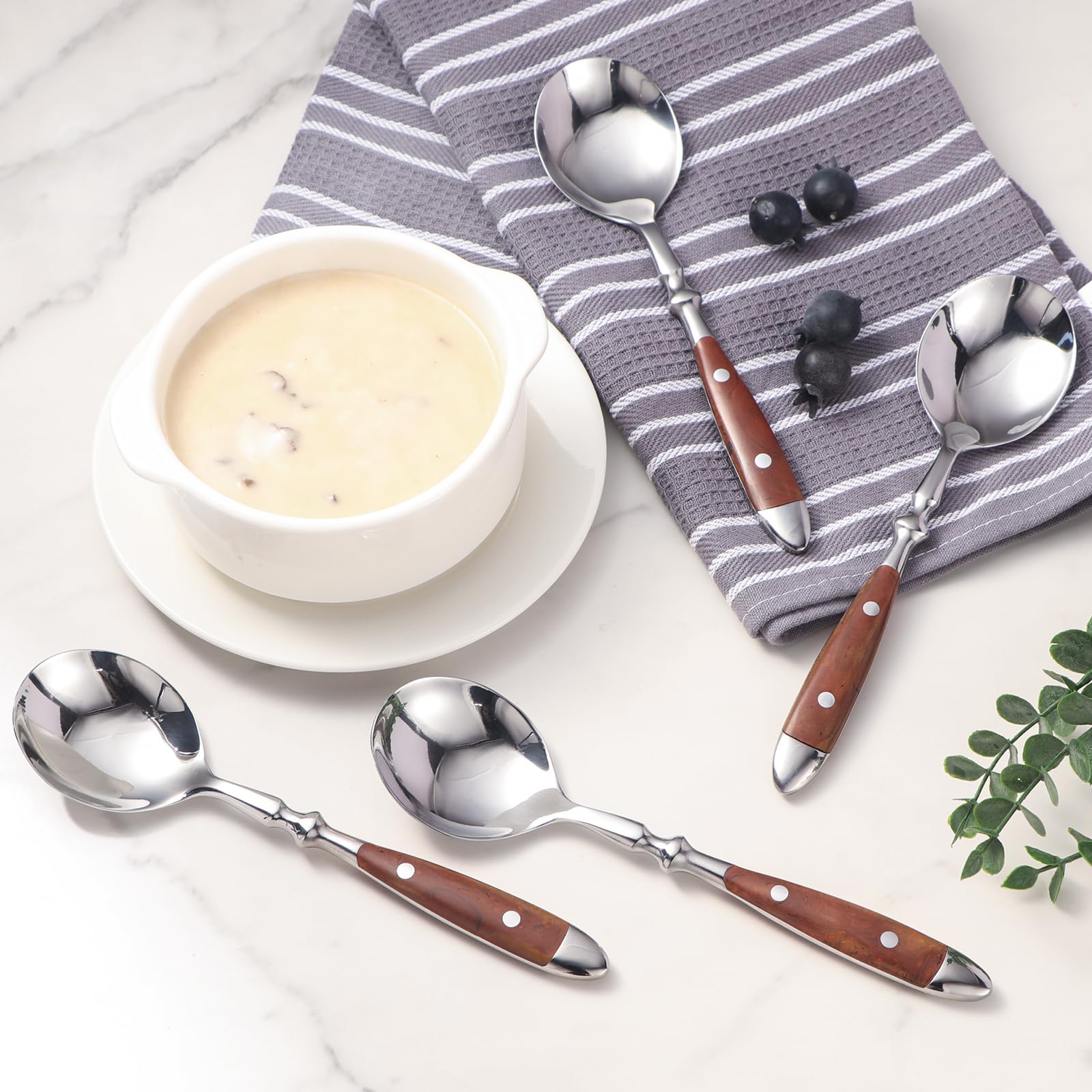 Soup Spoons，4Pcs Soup Spoons Set，Stainless Steel 18/8 Spoons with Comfortable Bakelite Handle，Heavy-Weight Metal Round Spoons，Wood Grain Handle