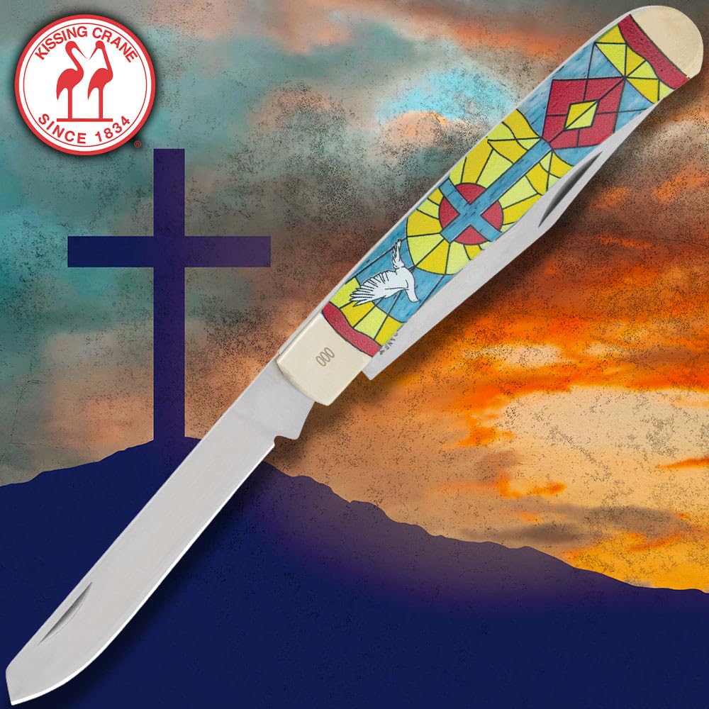 KISSING CRANE Stained Glass Trapper Pocket Knife | European Cathedral-Inspired Artwork | Stainless Steel Blades | Blue Bone Handle Scales | 3D Printed | Clip Point and Spey Blade | Closed Length 4"