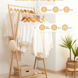 Cozivolife Bamboo Clothes Rack with Storage Shelf, Portable Garment Rack Clothing Racks for Hanging Clothes, Foldable Wardrobe Storage Rack for Entryway and Bed Room (Natural)