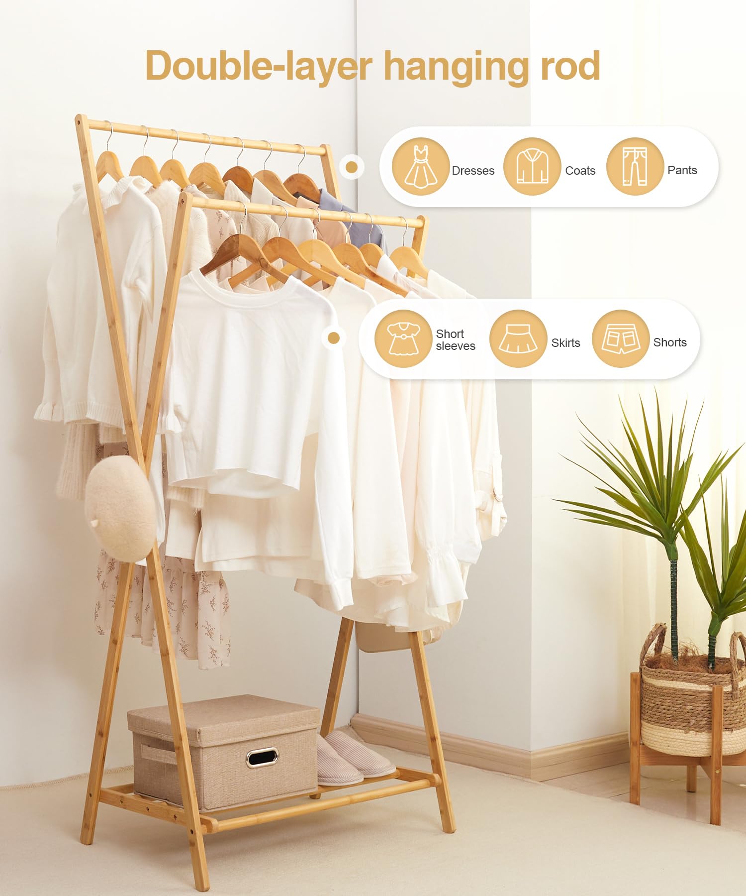 Cozivolife Bamboo Clothes Rack with Storage Shelf, Portable Garment Rack Clothing Racks for Hanging Clothes, Foldable Wardrobe Storage Rack for Entryway and Bed Room (Natural)