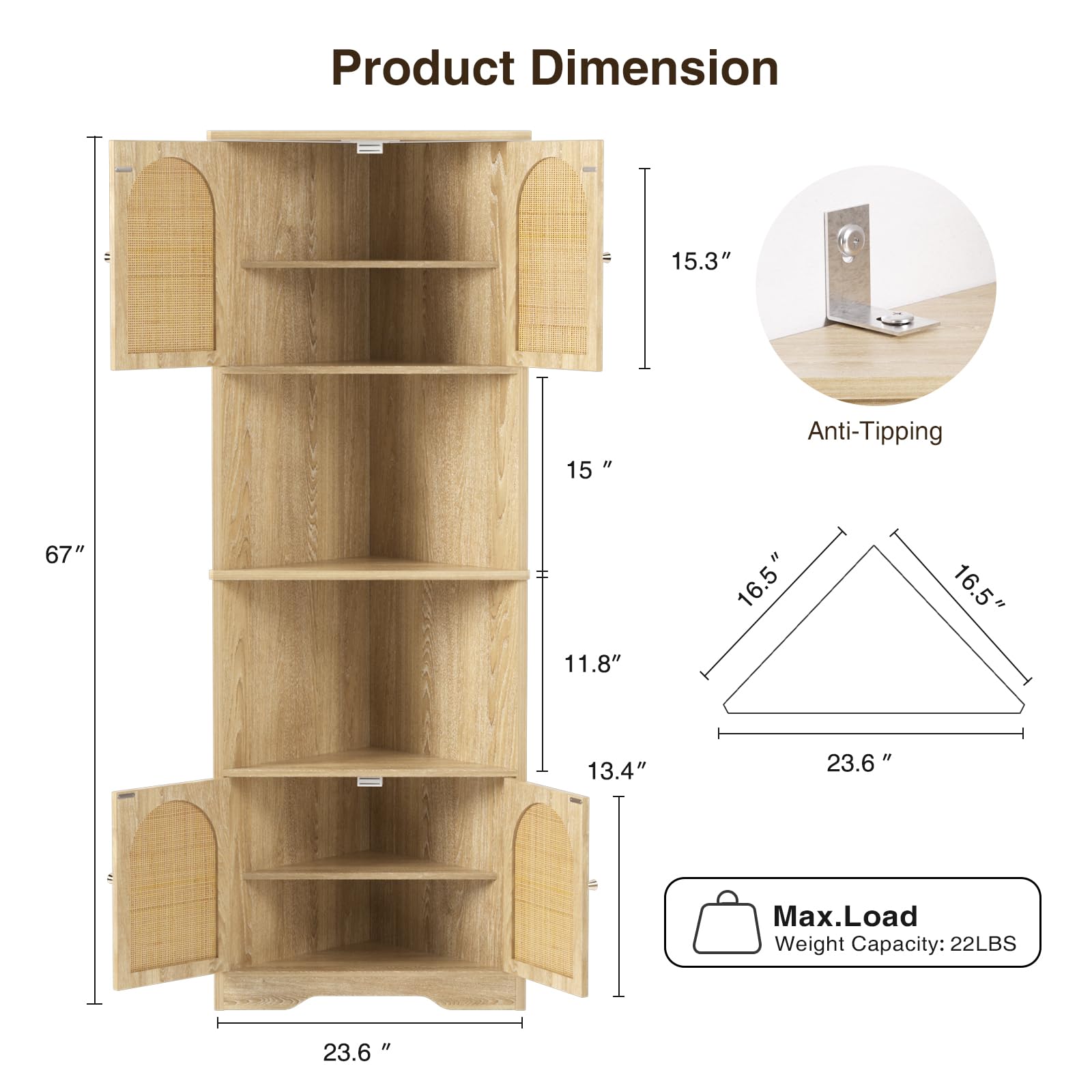 FiveWillowise 67''H Tall Corner Cabinet with Handmade Rattan Door, Rattan Storage Cabinet with Adjustable Shelves, Corner Bookshelf Space Saver for Barthroom, Kitchen, Natural