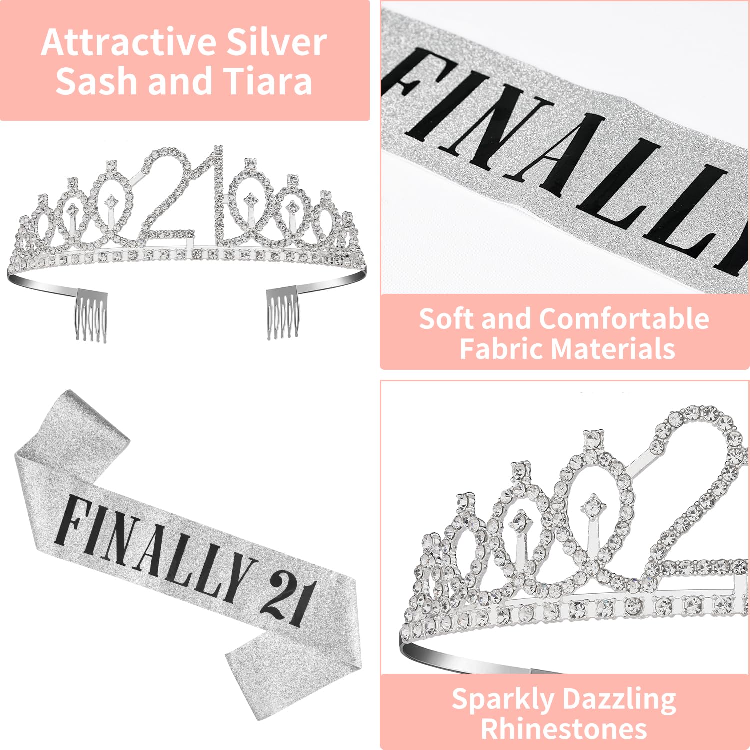 Sliver 21st Birthday Decorations For Her Including 21st Birthday Sash And Crown, 21st Birthday Balloon, Finally 21st Birthday Sash With Pearl Pin, Sweet 21st Birthday Candles, 21 Cake Topper For Her