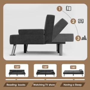 Shahoo Modern Linen Upholstered Convertible Folding Futon Sofa Bed with Removable Armrests, Metal Legs, 2 Cup Holders for Living Room, Black