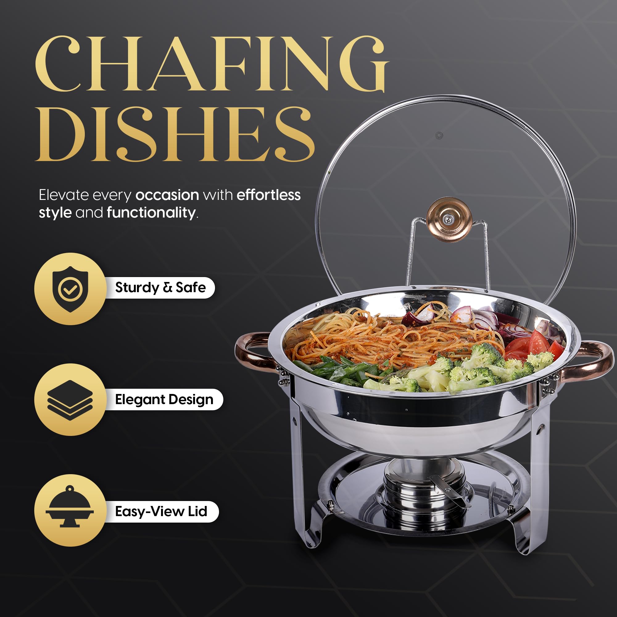 Stainless Steel Chafing Dish - 1x 5QT Catering Dish - Silver & Rose Gold - Round Food Warmers for Parties - Buffet Serving Dishes for Heating & Cooling