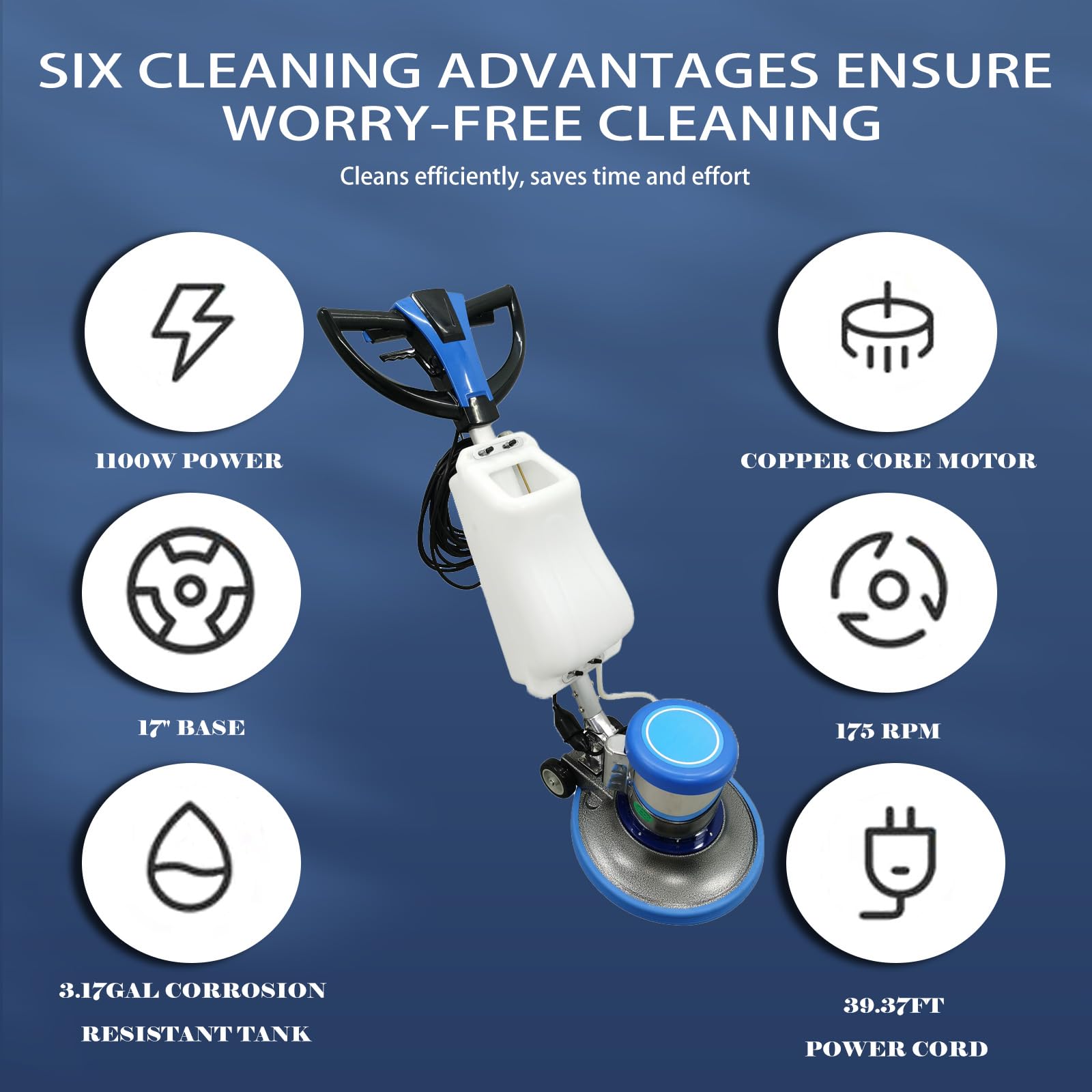 WYDDDARY 1100W Floor Polisher Commercial Floor Cleaner Carpet Buffer Scrubber with 3gal Water Tank and 17" Base 175Rpm 110V