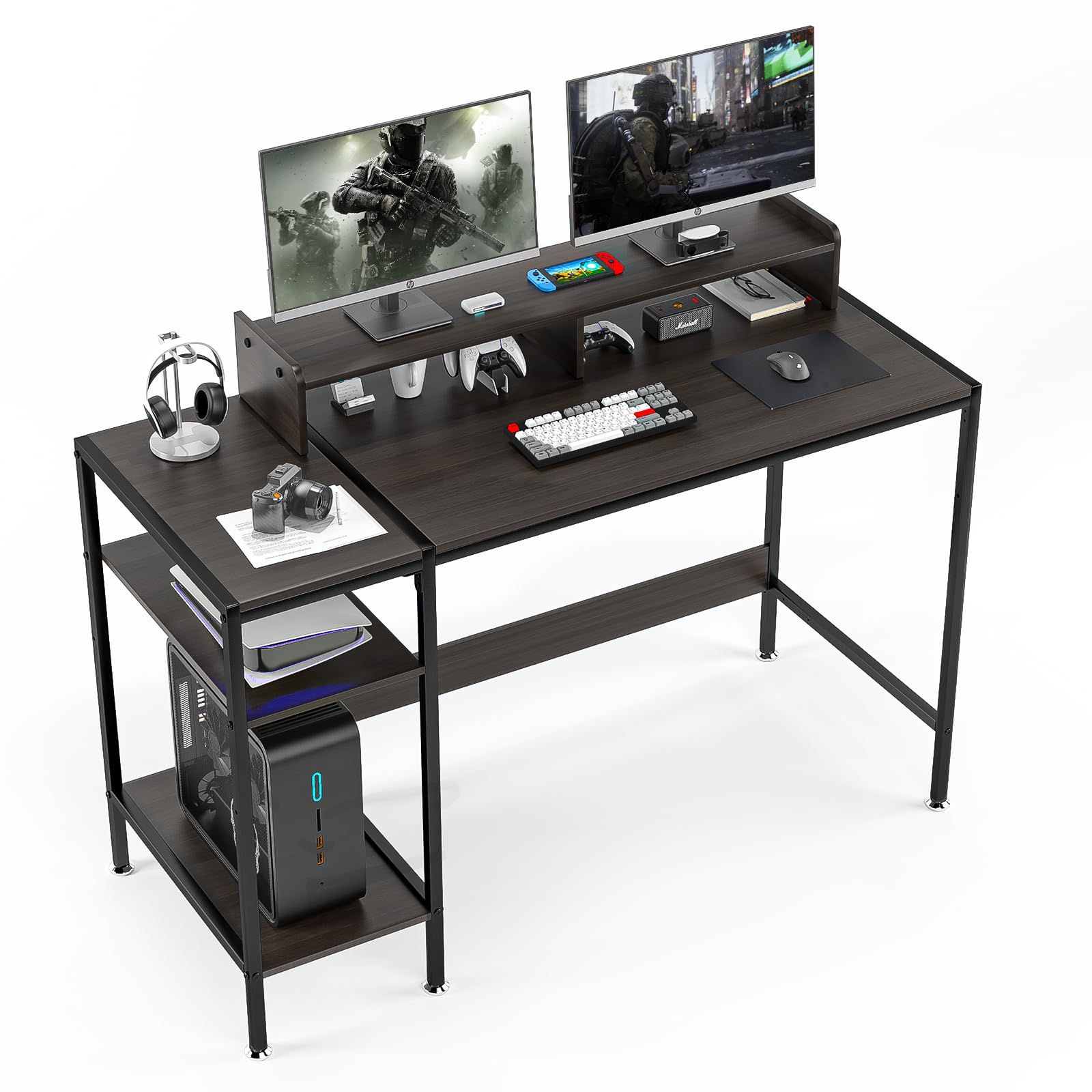 GZSHIYITECH 47”Gaming Desk/Computer Desk，Home Office Desk with Monitor Stand, Writing Desk for 2 Monitors,Desk Adjustable Storage Space, Firm and Practical Small Desk，Modern Design Corner Desk（Black