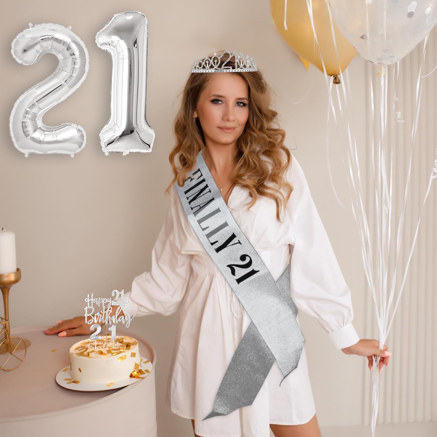 Sliver 21st Birthday Decorations For Her Including 21st Birthday Sash And Crown, 21st Birthday Balloon, Finally 21st Birthday Sash With Pearl Pin, Sweet 21st Birthday Candles, 21 Cake Topper For Her