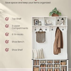 VASAGLE Hall Tree with Bench and Shoe Storage, Coat Rack with Shoe Bench, Entryway Furniture, 16 Open Compartments, 6 Tri-Hooks, Farmhouse Style, Space Saving, Rustic White UHSR427W02