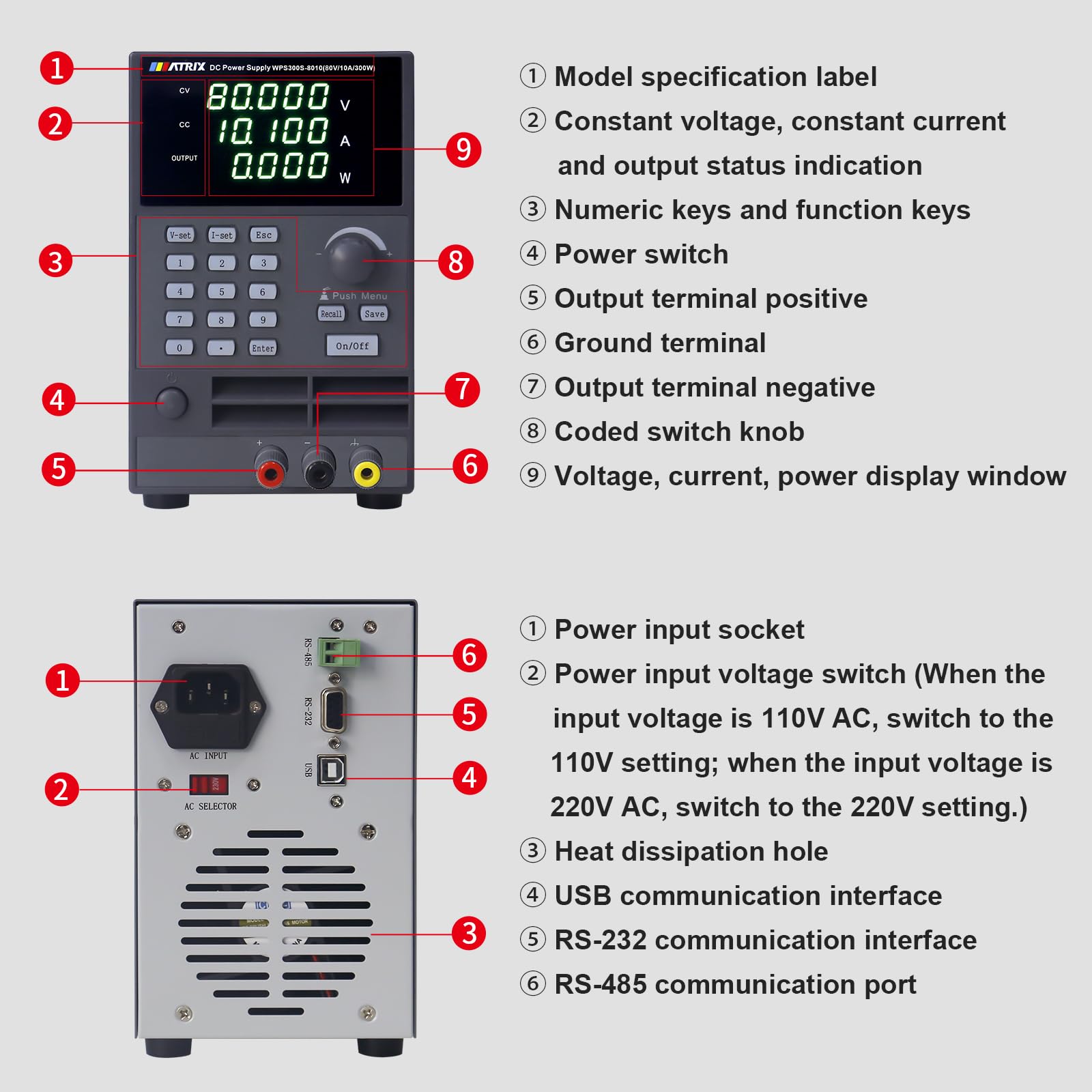 MATRIX Wide Range Programmable DC Power Supply WPS300S-80-10, 80V 10A 300W Adjustable Power Supply with 1mV/0.1mA Resolution and USB, Bench Power Supply Variable with List Output and 9 Groups Storage