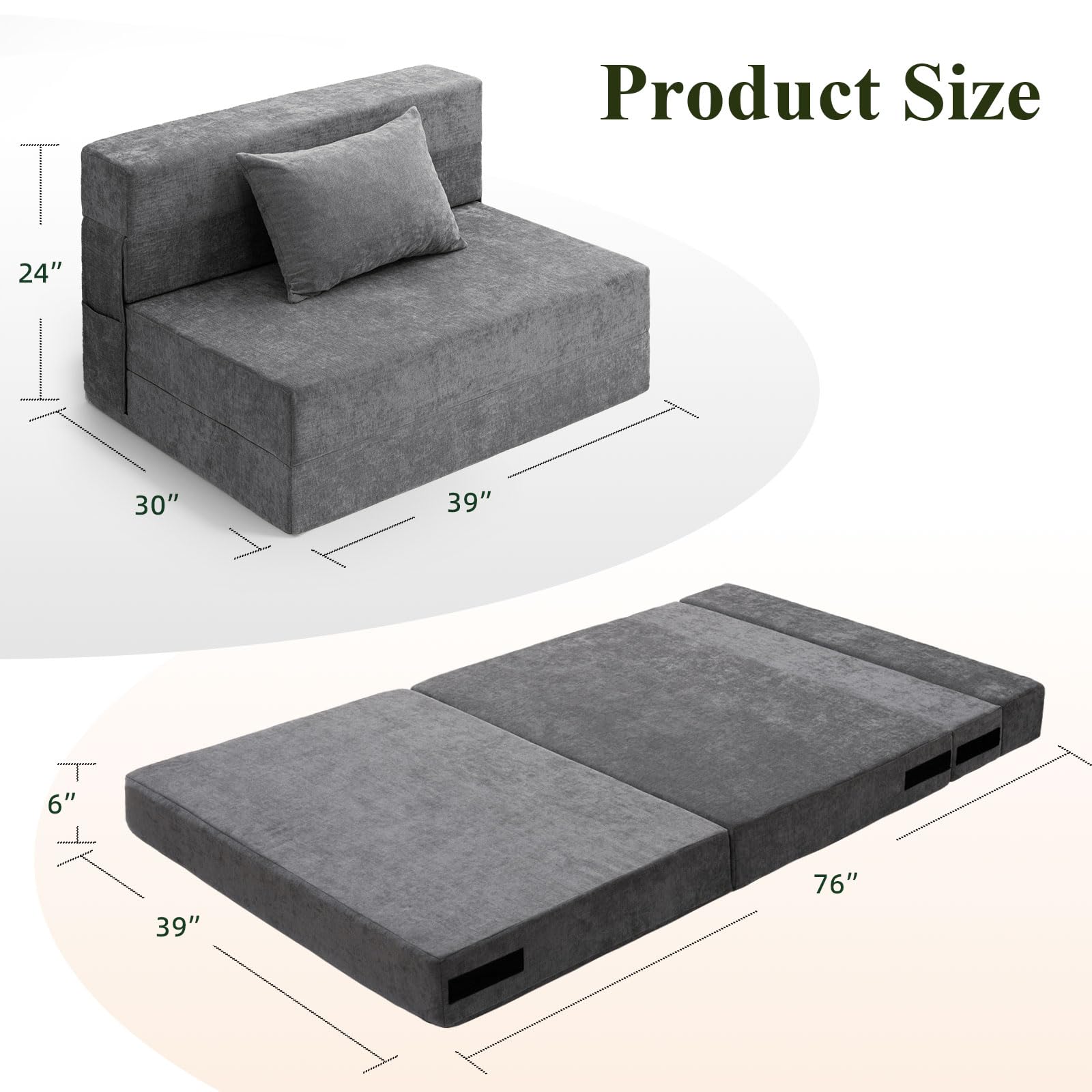 HOMFINE Folding Sofa Bed - Convertible Sleeper Chair with Pillow, Fold Out Couch, Foam Floor Mattress, Futon Couch, Lazy Sofa for Living Room/Dorm/Guest Room/Home Office, Twin, Gray