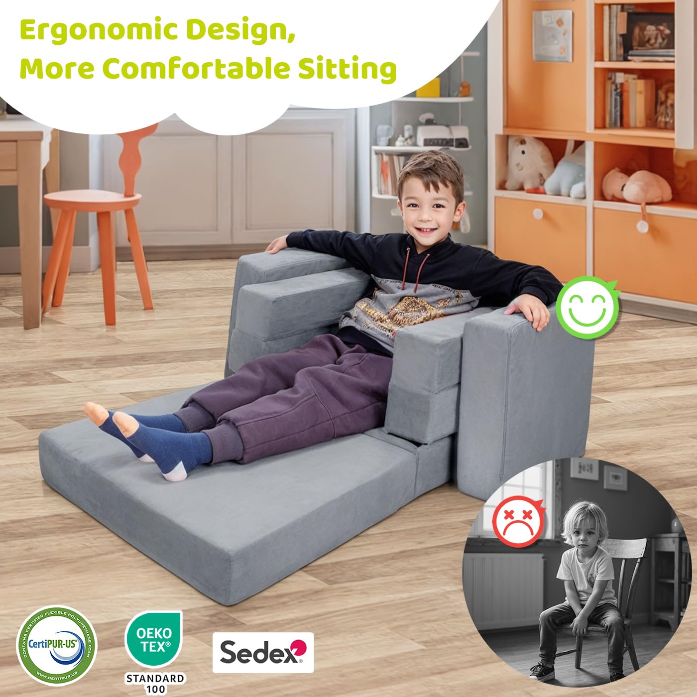 DREAMANIA Kids Play Couch for Toddlers 1-3, 2024 3in1 Soft Kids Sofa Chair Fold Out, Convertible Sofa to Sleeper for Girls & Boys, Grey