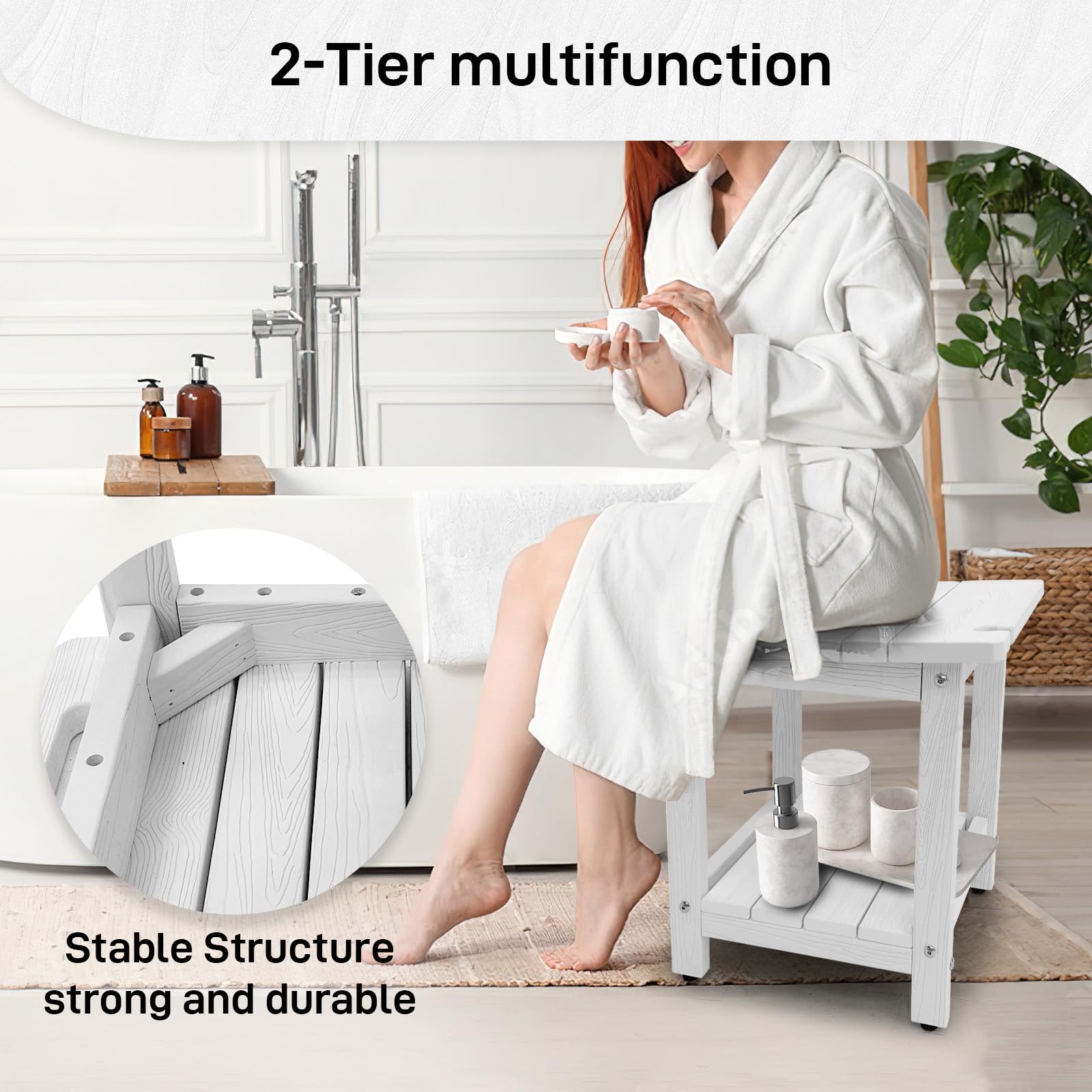 Juserox HDPS Shower Bench, Inside Shower Chair for Shaving Legs, Waterproof 2-Tier Bath Spa Shower Stool for Adults Sitting, Weather -Resistant No-Slip Indoor Outdoor Shower Seat, White