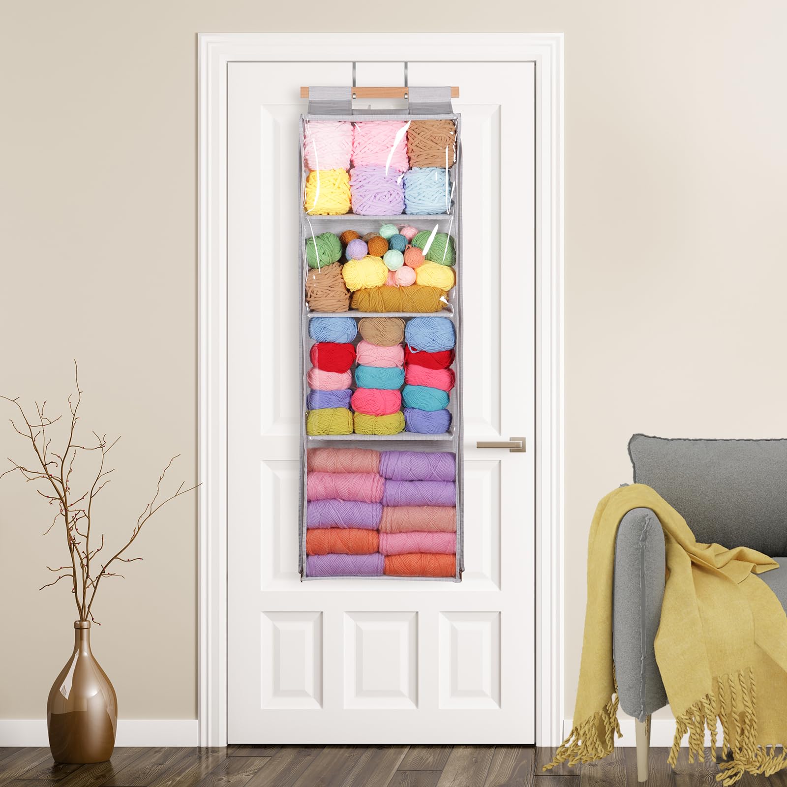 Hanging Yarn Storage with 4 Large Pockets, Clear Knitting Organizer Storage with Zippers for Crochet Lovers, Hanging Yarn Holder with Over-Door Hooks for Knitting Needles Crochet Hooks