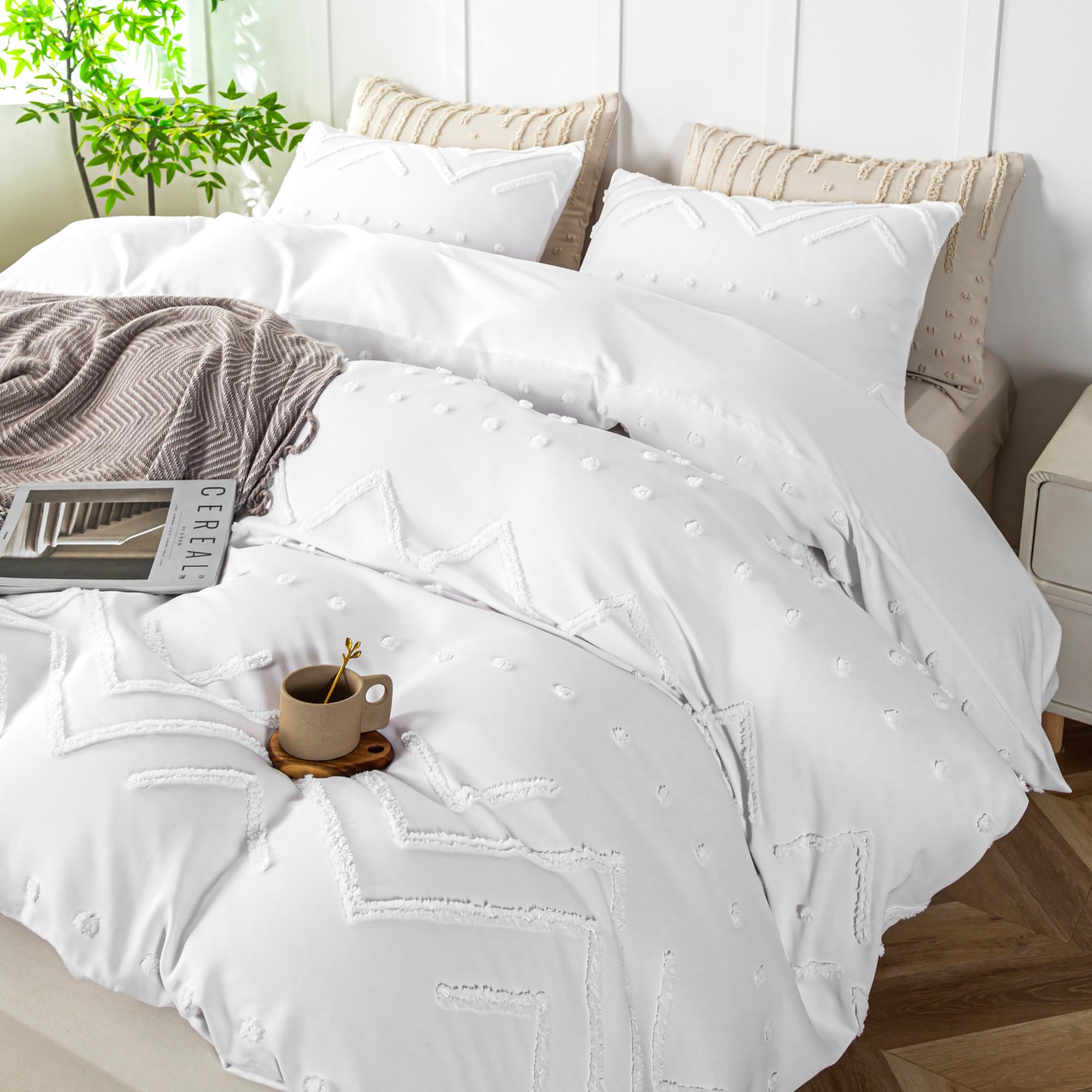 Sophia & William Boho Duvet Cover Set, 3 Pieces Tufted Comforter Set for All Season, Textured Duvet Cover and 2 Pcs Pillowcases, White, Queen Size