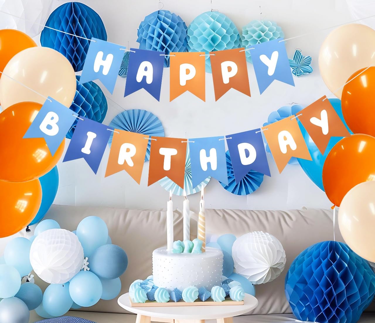 Runhiskii Blue and Orange Birthday Banner, Happy Birthday Banner Blue Orange Party Decorations for Boys, Kids Birthday Decoration Boys’ 1st Birthday Decor