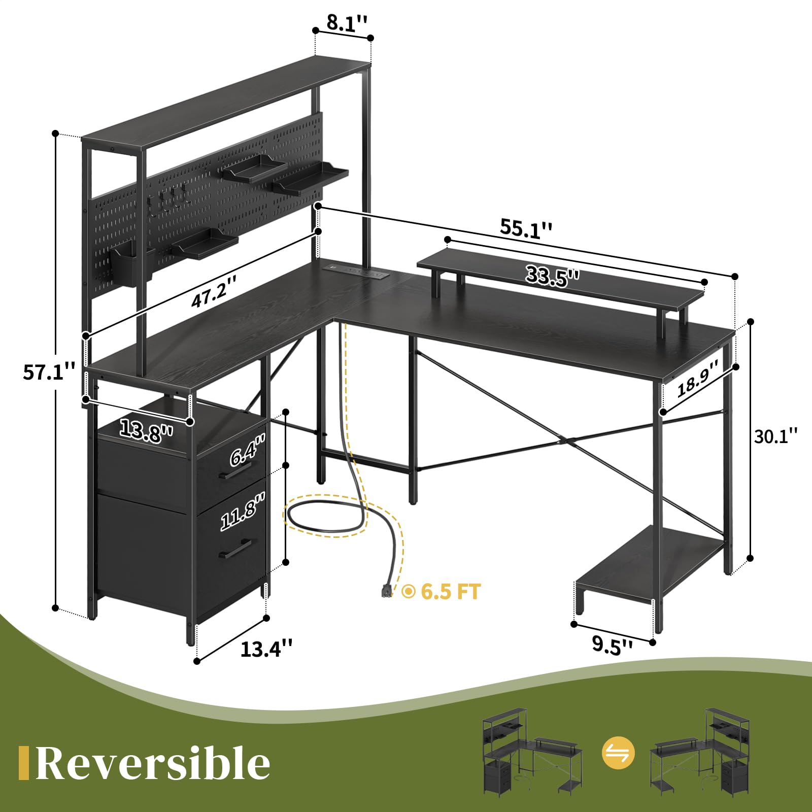 Yoobure L Shaped Desk with Pegboard, Reversible Gaming Desk with LED Lights & Power Outlets, Computer Desk with Drawers & Storage Shelves, Office Desk with Monitor Stand Corner Desk Home Office Desks