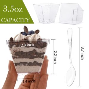 Legredic 50 Pack 3.5 oz Square Dessert Cups with Spoons, Mini Plastic Parfait Appetizer Cups, Clear Reusable Small Shooter Cups, Serving Bowls for Tasting Party Samples Dessert Shot Glasses