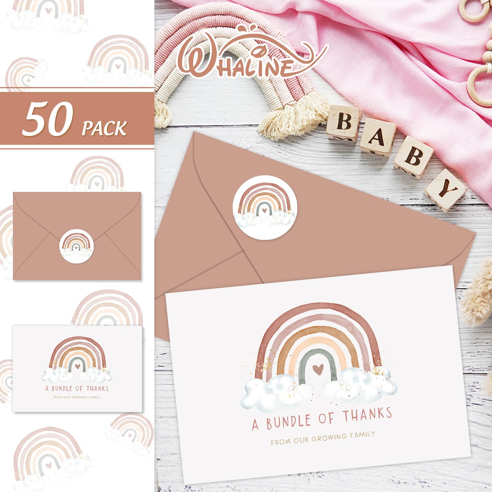 Whaline 50 Pack Baby Shower Thank You Cards Bulk Boho Rainbow Thank You Note Cards with Envelopes Stickers Blank Cards for Baby Shower