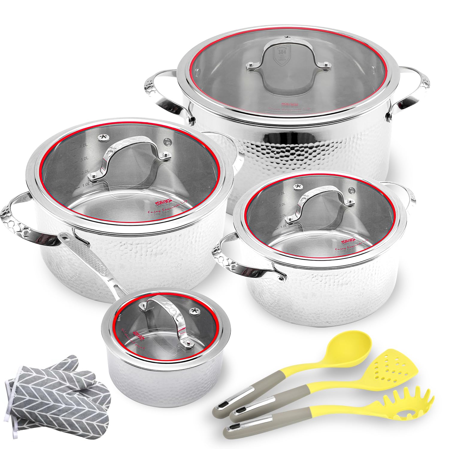 DSP 10 in 1 Premium Stainless Steel Pots Sets, 3/5 / 10 Qt Stockpots with Lids & 1.6 Qt milk pot with lid, Multi-Stove Small & Large Cooking Pot, Ideal for Soup, Dishwasher Safe