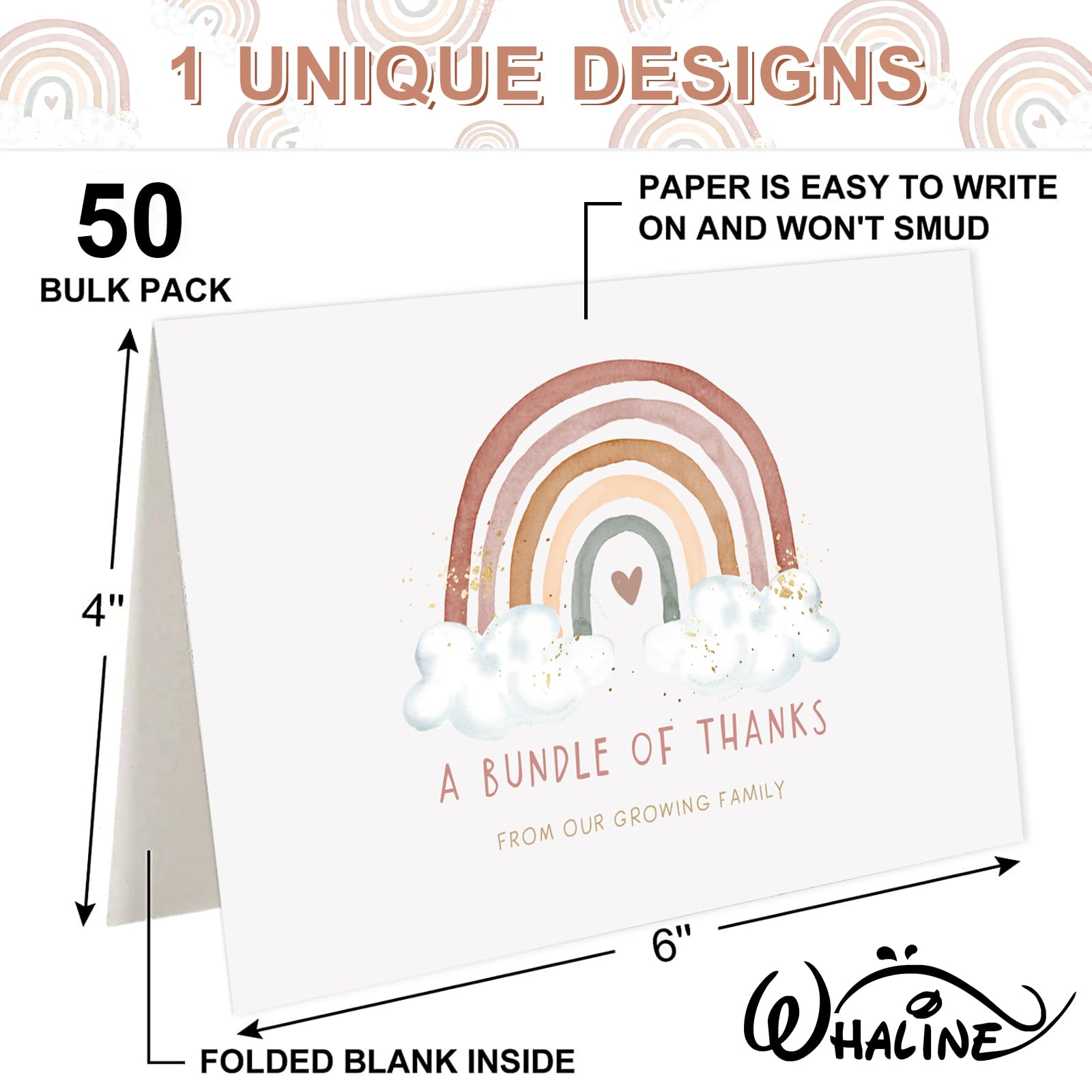 Whaline 50 Pack Baby Shower Thank You Cards Bulk Boho Rainbow Thank You Note Cards with Envelopes Stickers Blank Cards for Baby Shower