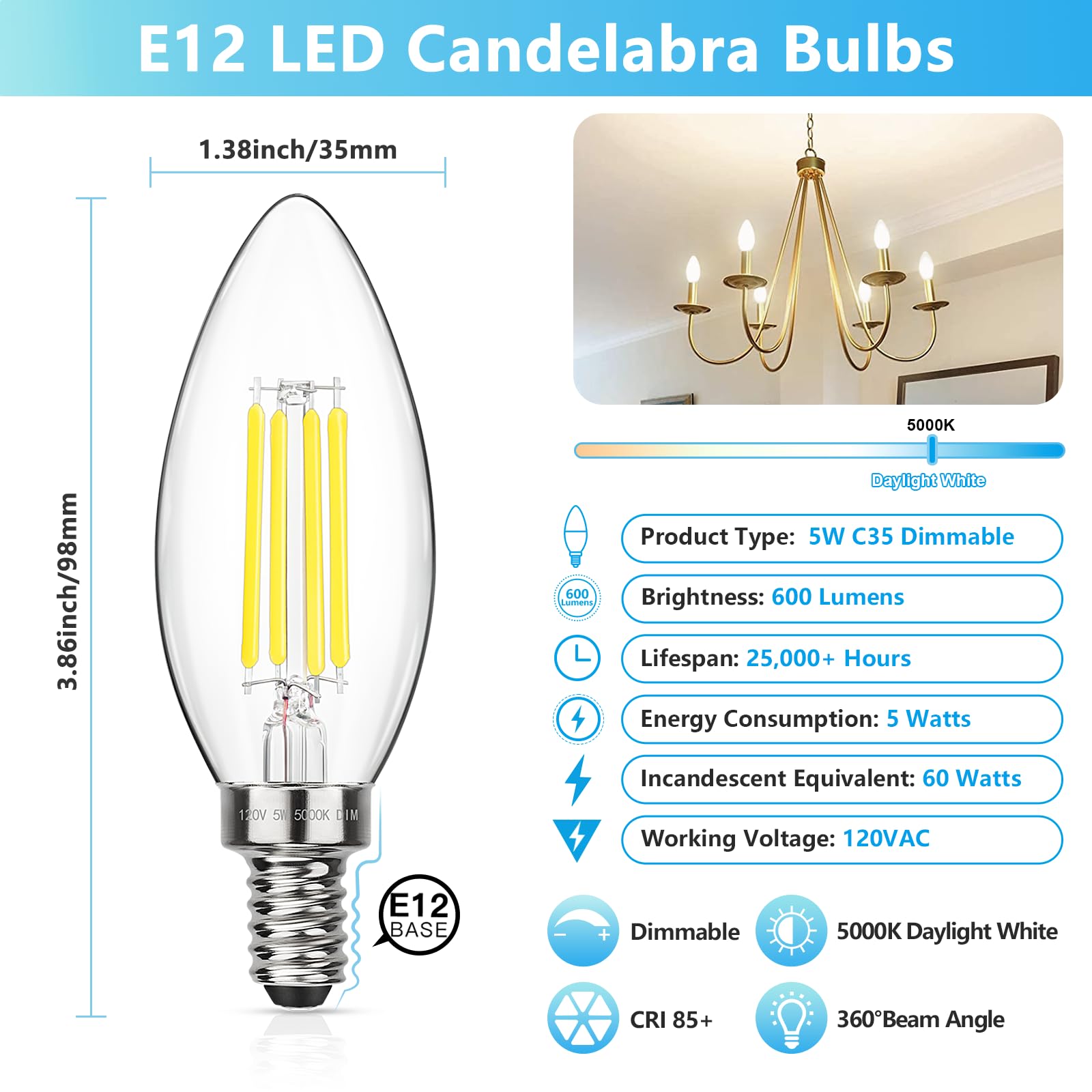 MAXvolador Dimmable E12 LED Candelabra Bulbs 60W Equivalent, Daylight White 5000K, 600LM Chandelier Light Bulb, B11 LED Candle Light Bulbs, 12 Pack