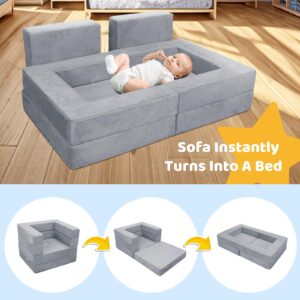 DREAMANIA Kids Play Couch for Toddlers 1-3, 2024 3in1 Soft Kids Sofa Chair Fold Out, Convertible Sofa to Sleeper for Girls & Boys, Grey