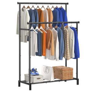 ekisemio double rod garment rack for hanging clothes, clothing rack with storage shelves, metal multi-functional clothes rack for bedroom, living room, black