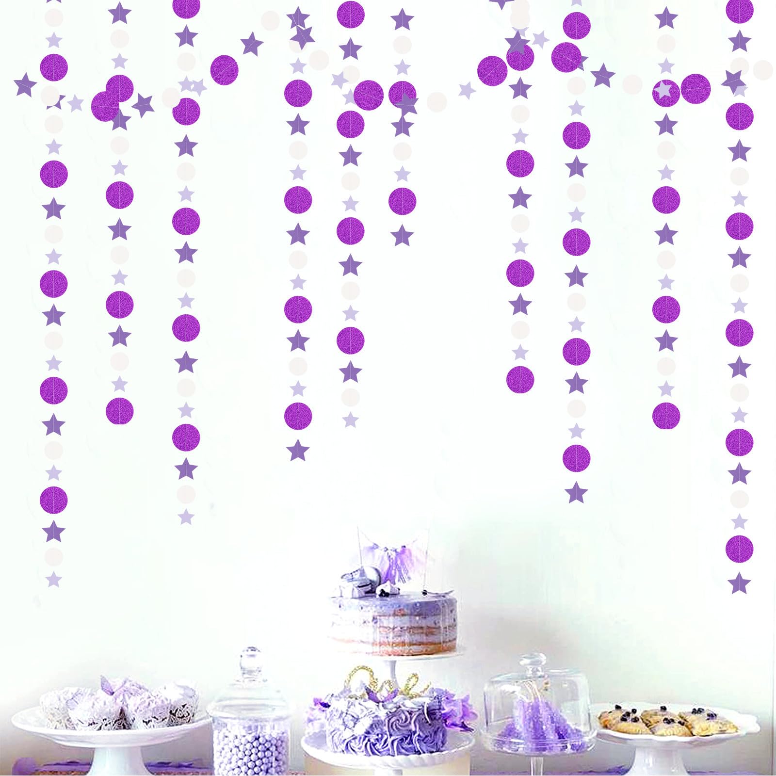 Lavender-White Glitter Purple Party-Decorations Paper-Garland - 4pcs Birthday Twinkle Little Star Hanging Streamers Banner,Graduation Baby Shower Bridal Wedding Engagement Ceiling Backdrop Decor