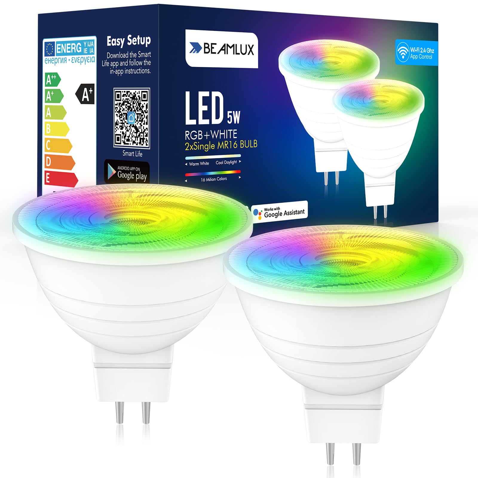 BEAMLUX Smart WiFi MR16 Color Changing led Bulbs, Dimmable with App Control, 40° Beam Angle AC/DC12V GU5.3 Base, Compatible with Alexa and Google Home Assistant, No Hub Required 2 Pack (Wi-Fi)