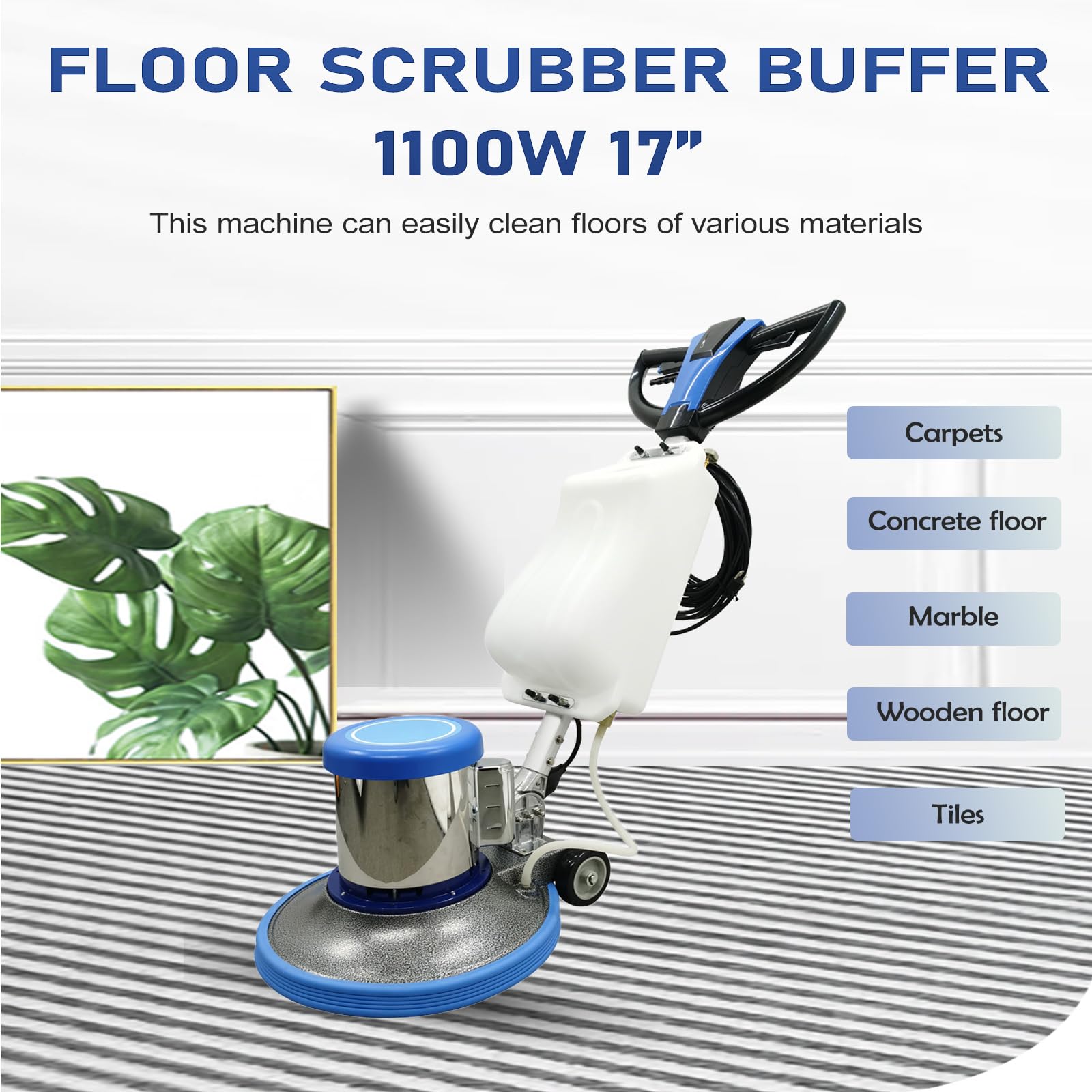 WYDDDARY 1100W Floor Polisher Commercial Floor Cleaner Carpet Buffer Scrubber with 3gal Water Tank and 17" Base 175Rpm 110V