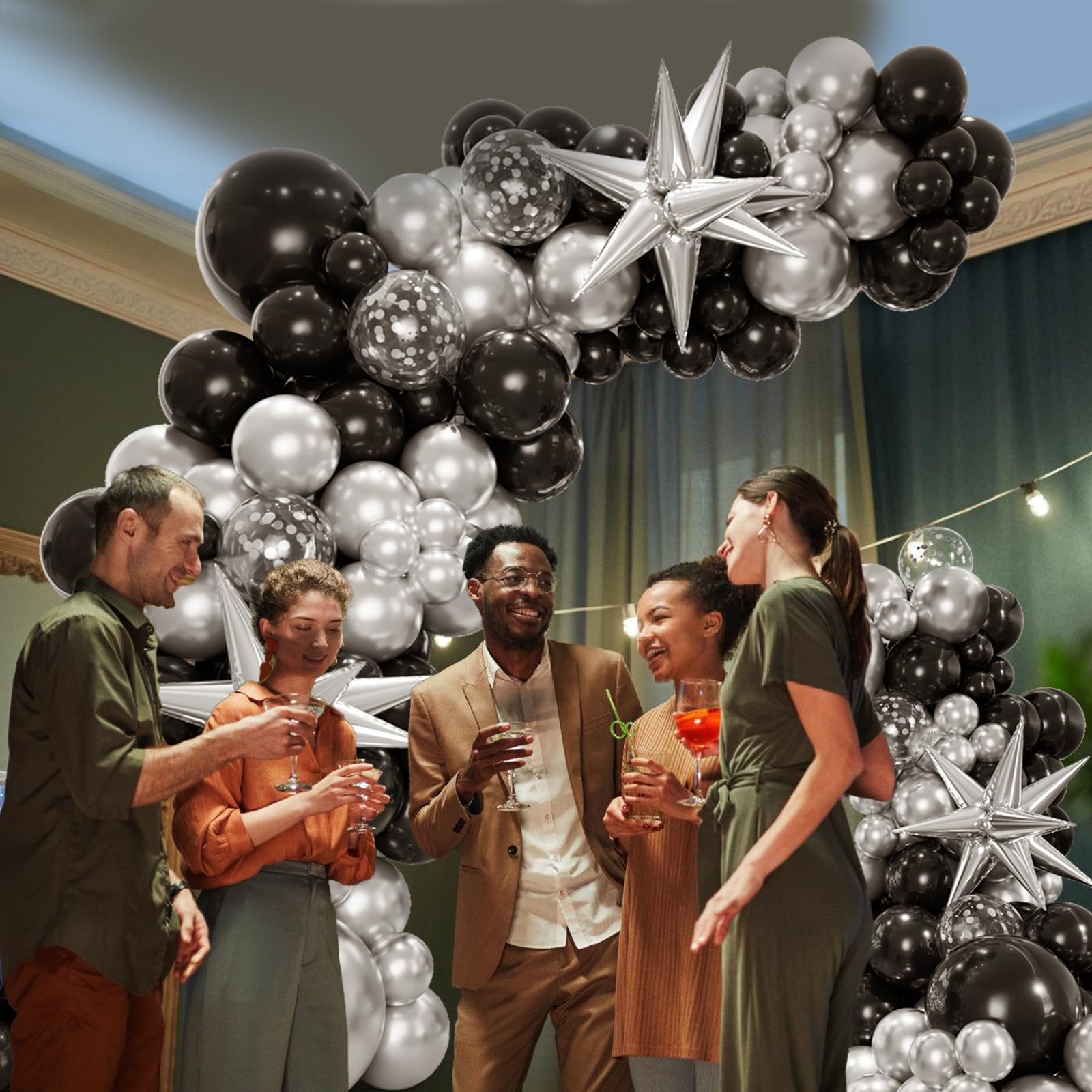 Bonropin 161pcs Black and Silver Balloons Garland Arch Kit with Explosion Star Balloons, 5/10/12/18in Metallic Sliver and Black Balloons for Birthday Graduation Baby Shower New Years Party Decorations