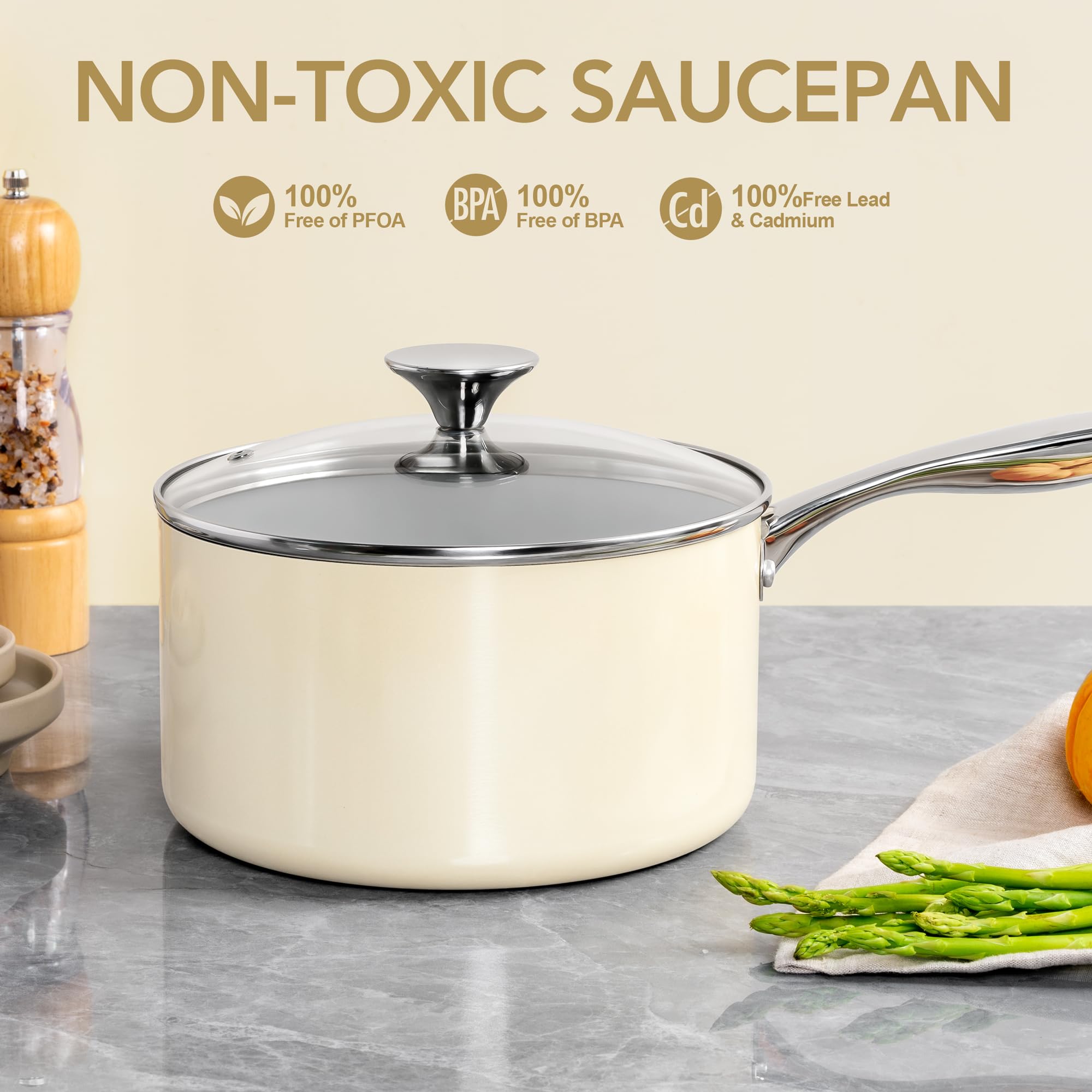 MICHELANGELO Sauce Pan with Lid, Non Stick Saucepan Set of 3-1Qt & 2Qt & 3Qt Small Pots for Cooking, Ceramic Saucepan - Non-Toxic, Scratch-Resistant, Oven Safe, Beige