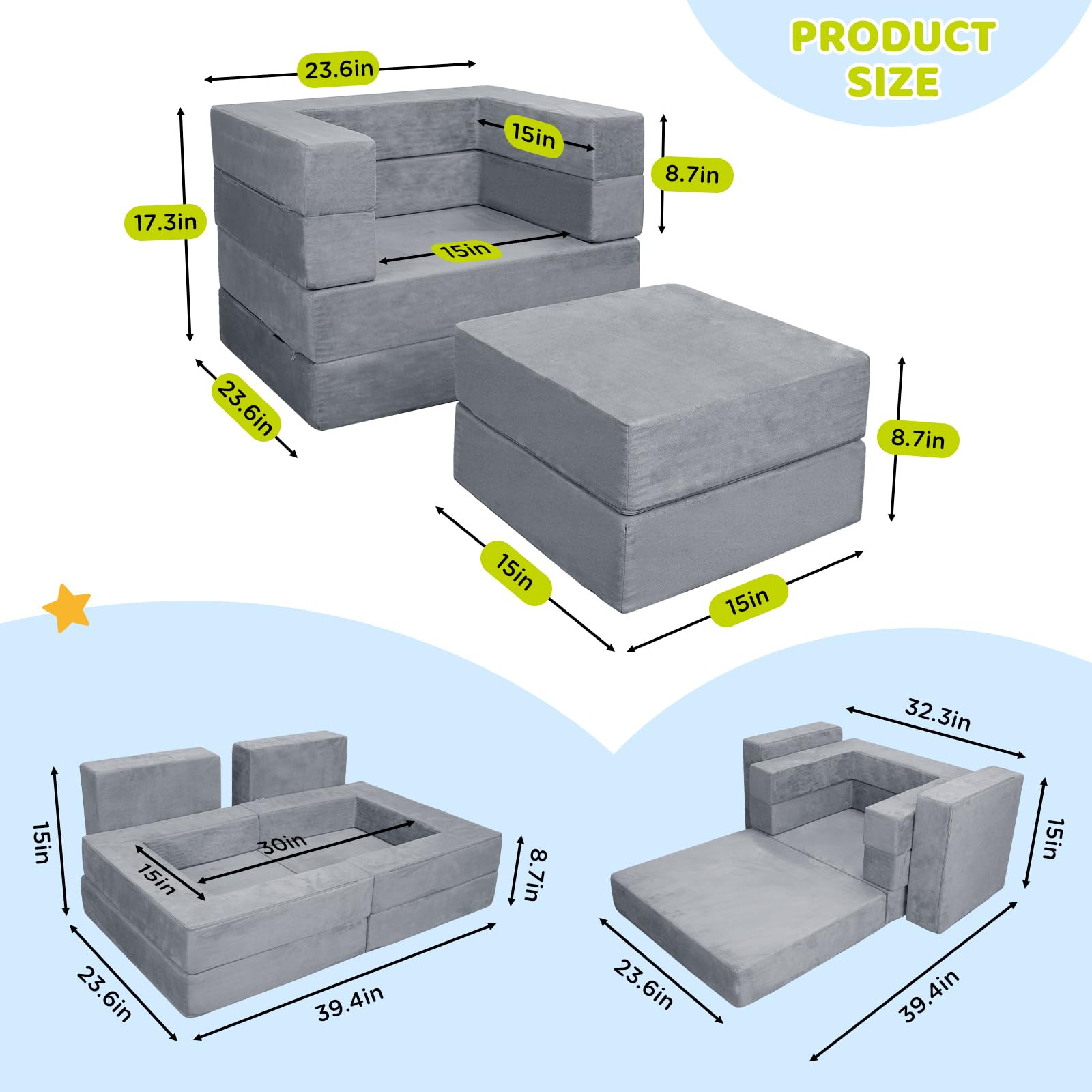 DREAMANIA Kids Play Couch for Toddlers 1-3, 2024 3in1 Soft Kids Sofa Chair Fold Out, Convertible Sofa to Sleeper for Girls & Boys, Grey