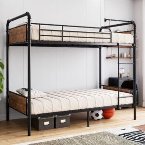 idealhouse twin over twin metal bunk bed with high guardrail and ladder, twin size convertible metal bunk beds for kids/teens/adults,easy assembly, no box spring needed, vintage black