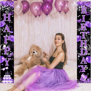 Avezano Purple Happy Birthday Banner Glitter Purple Black Birthday Party Decorations for Girls Women Happy Birthday Porch Signs Door Decorations Supplies