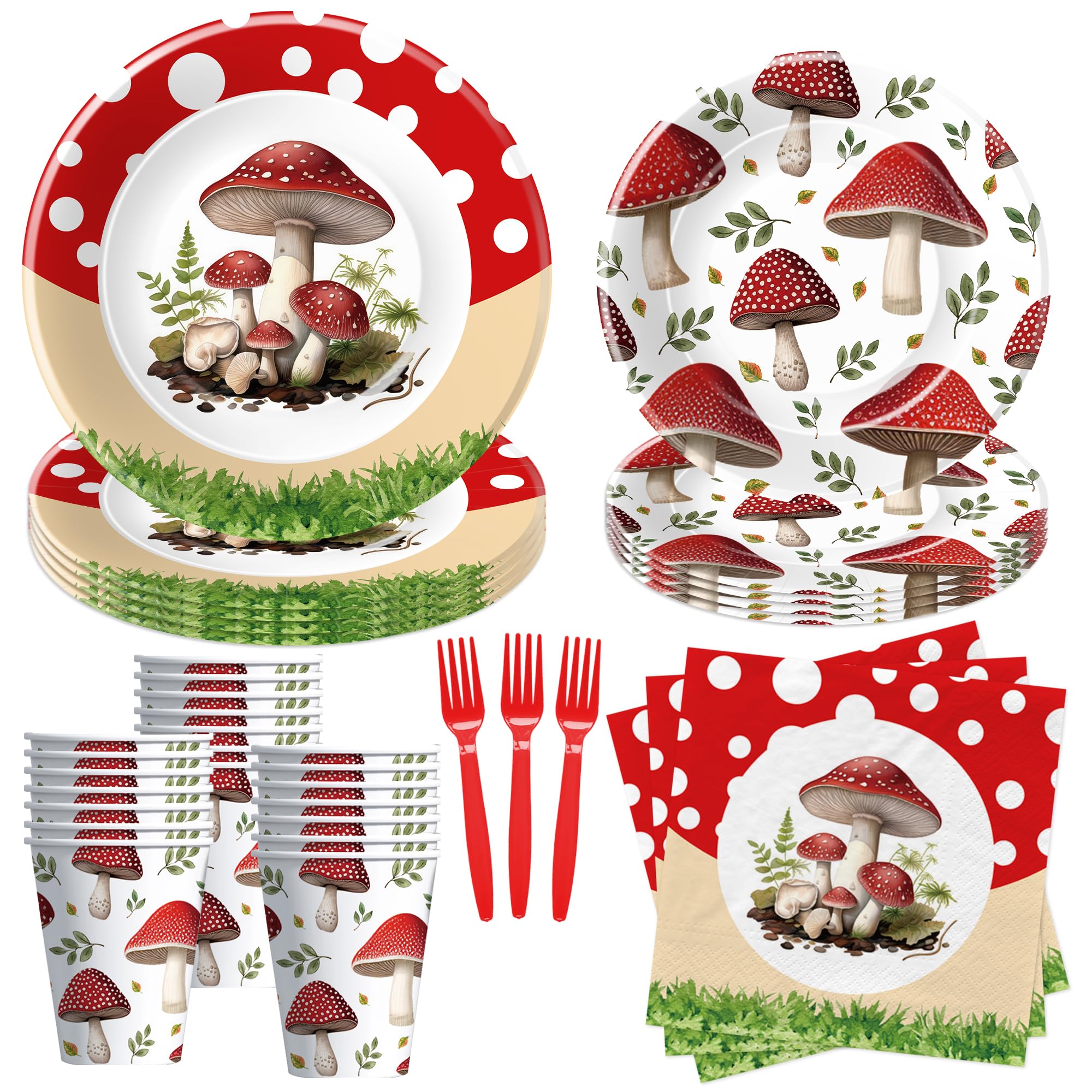 APOWBLS Mushroom Birthday Decorations Party Tableware - Mushroom Baby Shower Decorations And Supplies, Paper Plate, Cup, Napkin, Disposable Fork, Mushroom Party Decorations Dinnerware | Serve 24