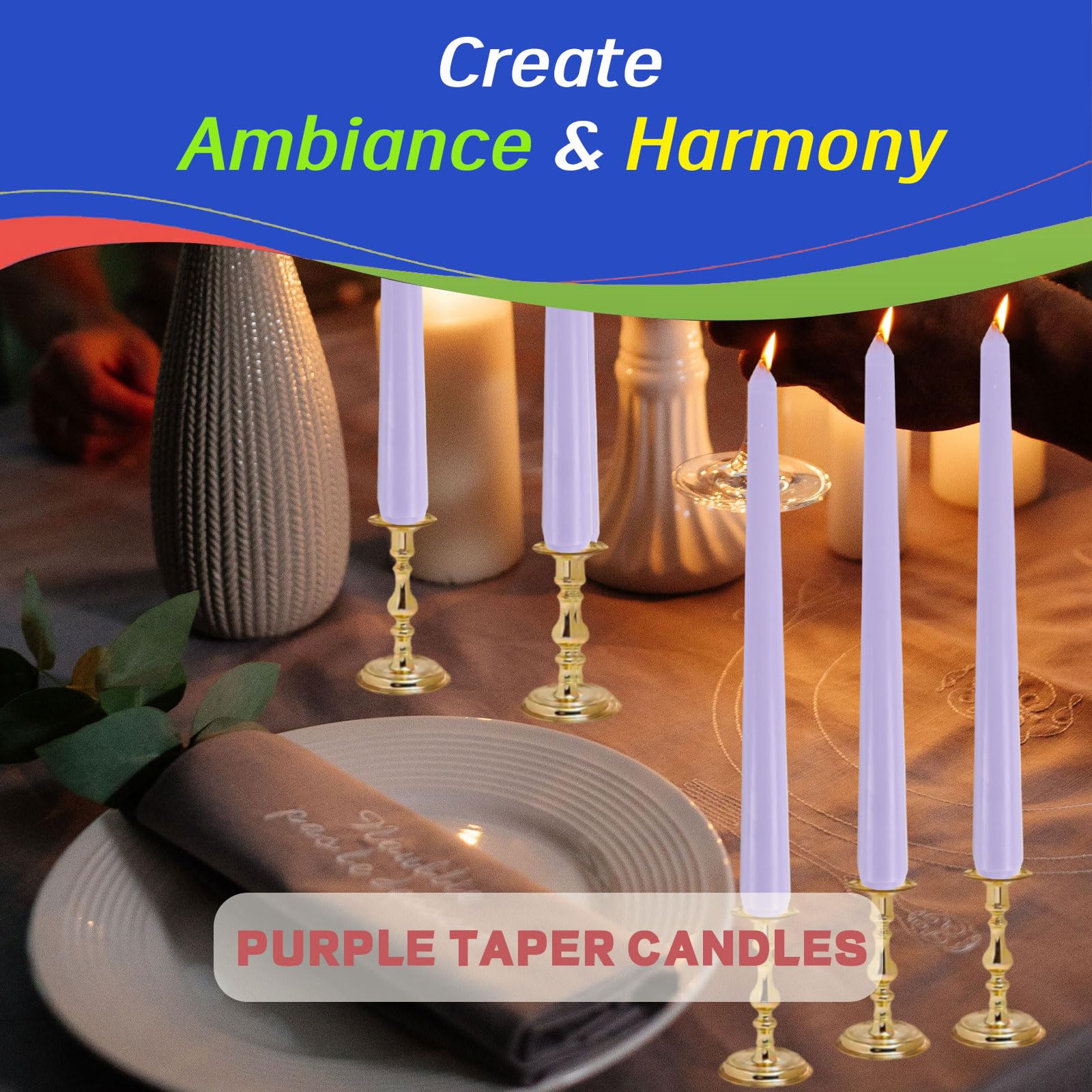 Taper Candles 4 Pack - 10 Inch Dinner Candle Set 8 Hours Burn Time Scented Smokeless Dripless Long Tall Candlesticks for Wedding Home Decor (Purple)