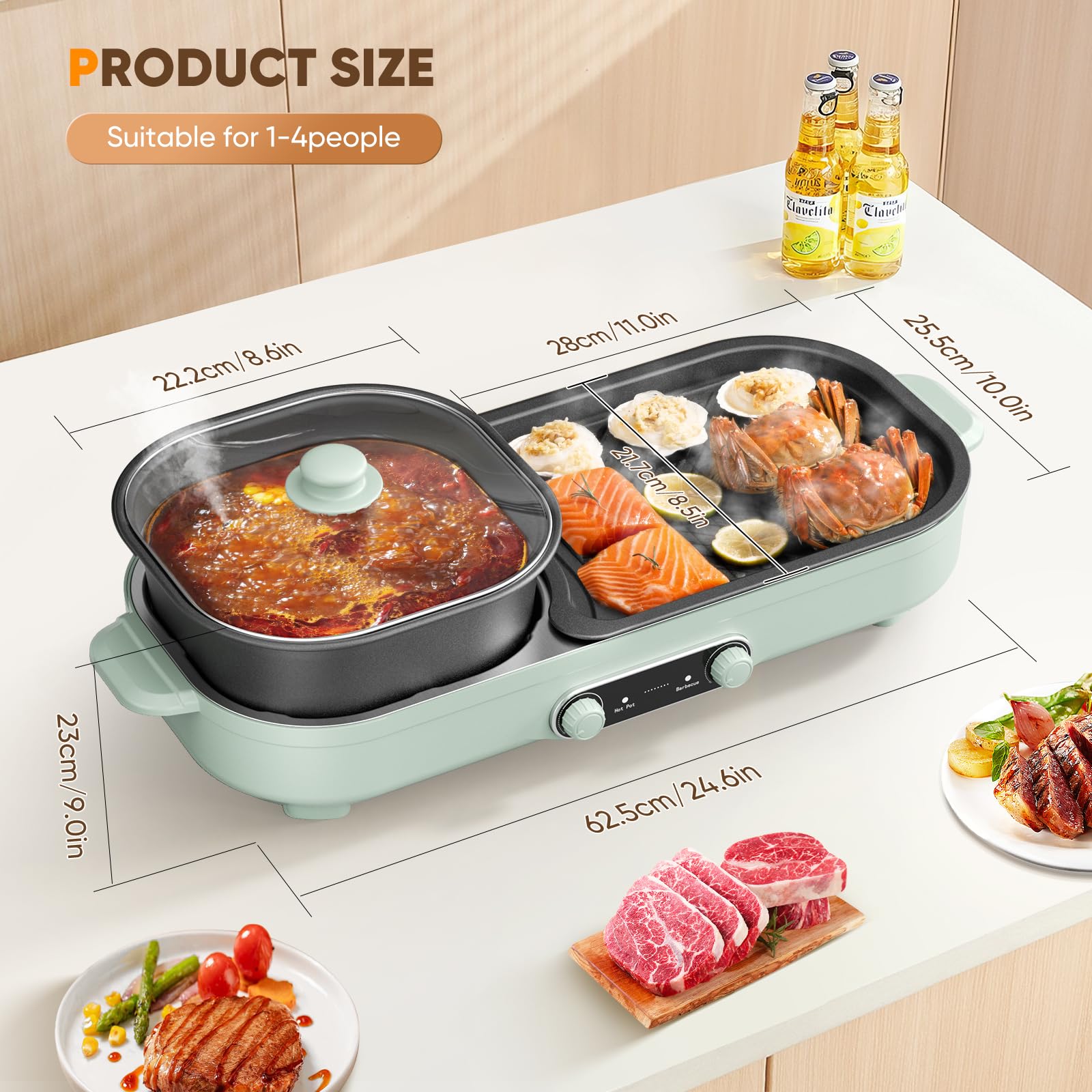 Homiesetify Electric Hot Pot with Grill, 2 In 1 Indoor Non-Stick Barbecue Shabu Hot Pot with Dual Temperature Control, Detachable Hot Pot and Baking Tray, Smokeless Shabu Korean BBQ Grill