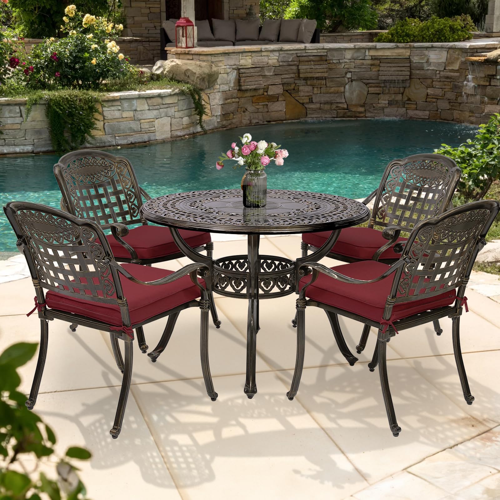 W WARMHOL 5-Piece Outdoor Patio Dining Set, All-Weather Cast Aluminum Patio Furniture Set for Backyard Garden Deck with 4 Chairs, 4 Cushions and 38.5" Round Table, 2" Umbrella Hole, Red