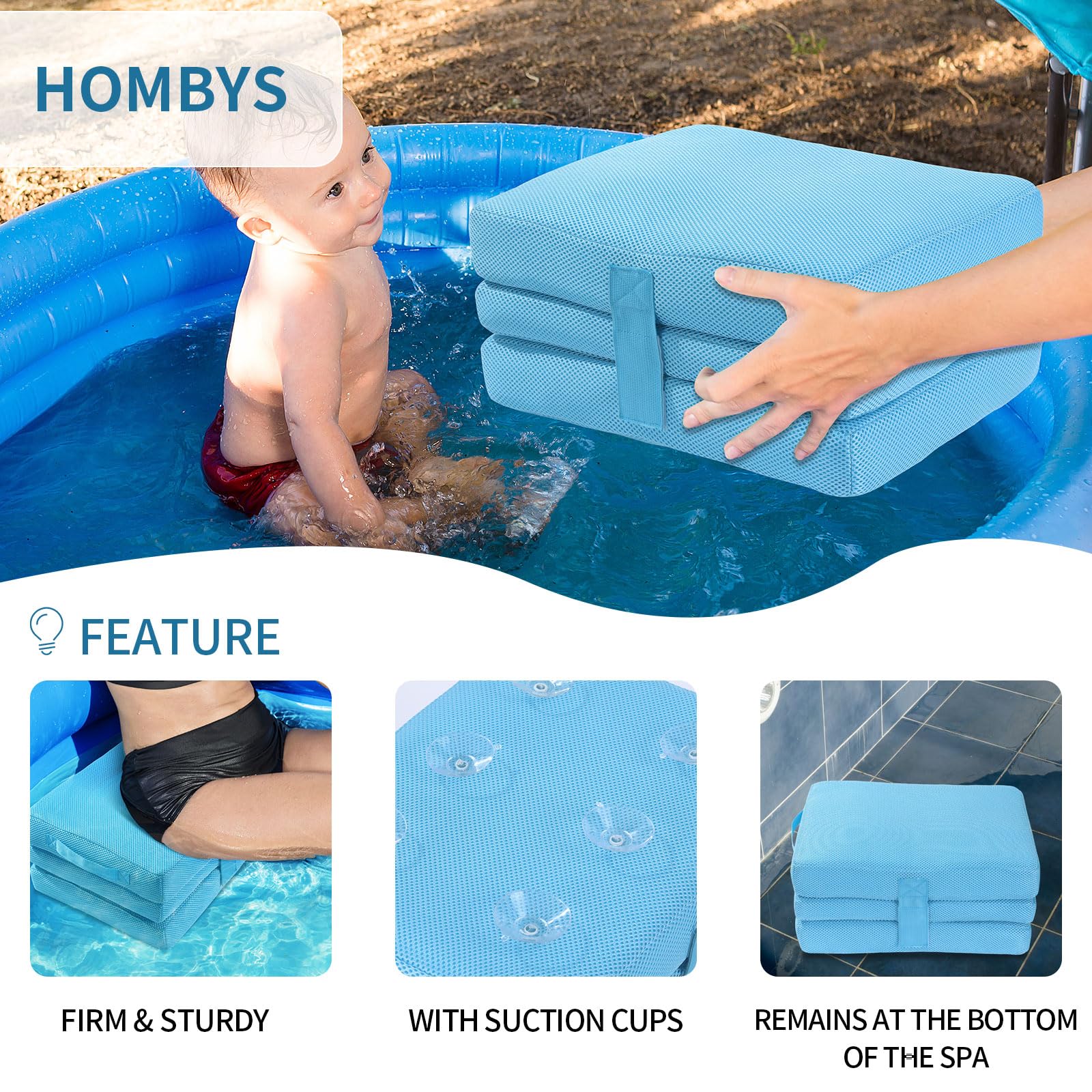 HOMBYS Adjuatable Height Hot Tub Booster Seat for Adults,Three Layer Hot Tub Pillows for Outdoor Hot Tub, Hot Tub Seat with Bottom Sucker,Hot Tub Accessories for Adults