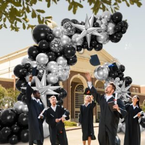 Bonropin 161pcs Black and Silver Balloons Garland Arch Kit with Explosion Star Balloons, 5/10/12/18in Metallic Sliver and Black Balloons for Birthday Graduation Baby Shower New Years Party Decorations