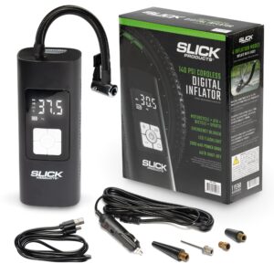 slick products portable digital tire pressure gauge, air compressor, tire inflator up to 140 psi with rechargeable battery, flashlight, emergency blinker, and power bank (1), black