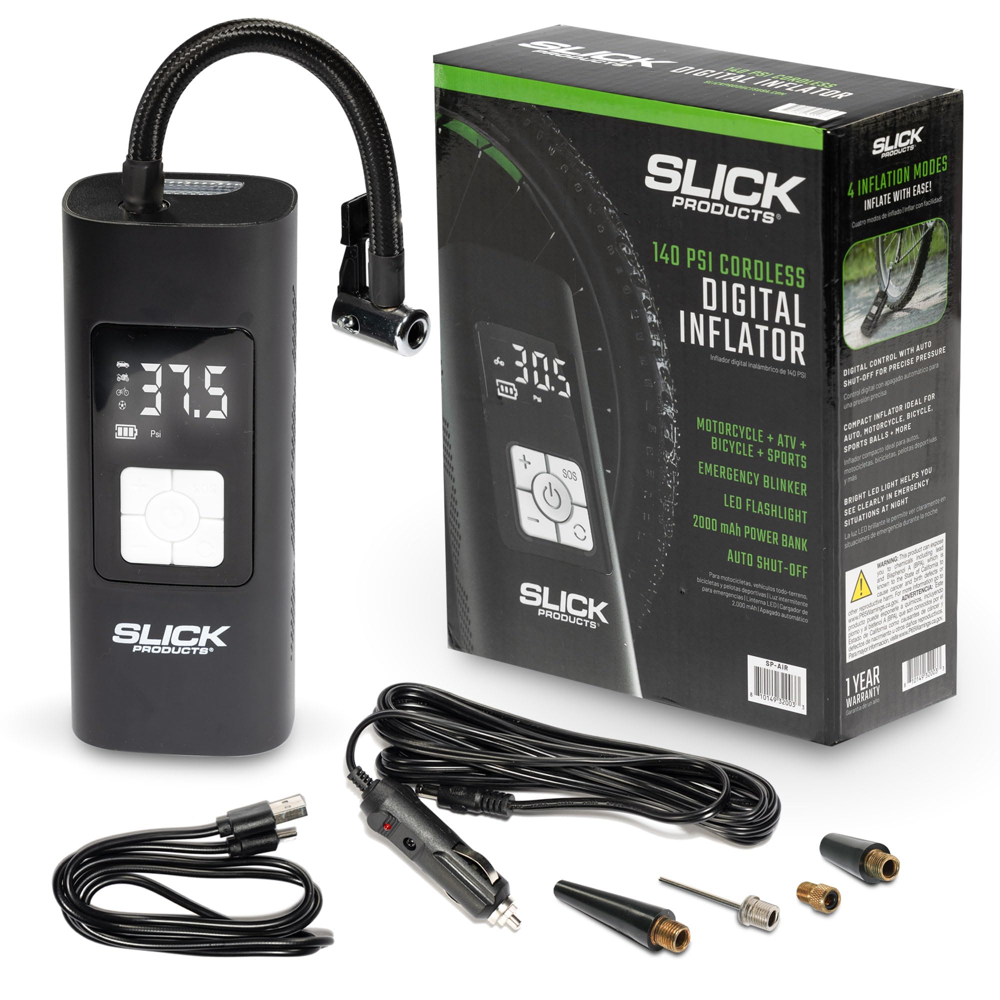 Slick Products Portable Digital Tire Pressure Gauge, Air Compressor, Tire Inflator up to 140 PSI with Rechargeable Battery, Flashlight, Emergency Blinker, and Power Bank (1), Black