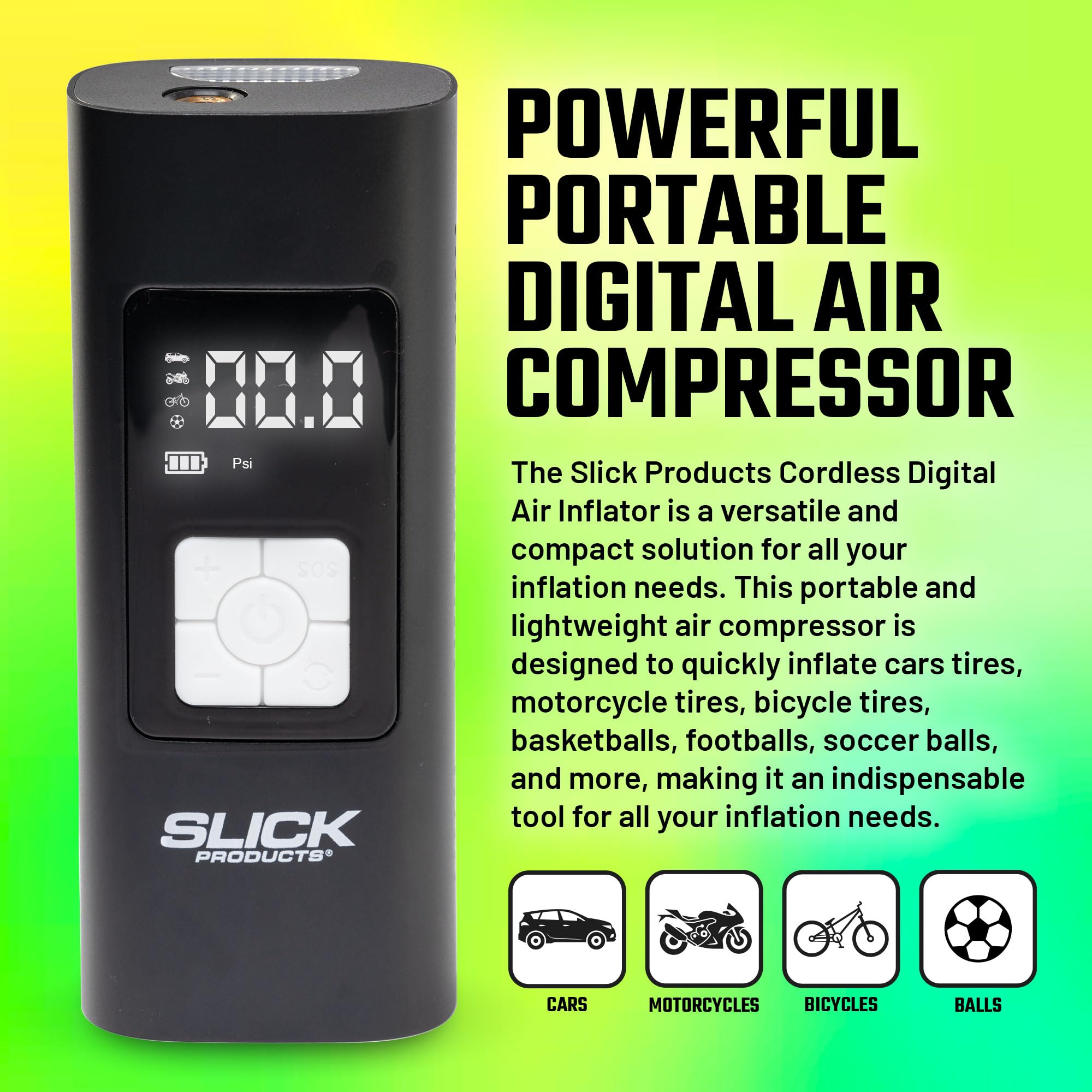 Slick Products Portable Digital Tire Pressure Gauge, Air Compressor, Tire Inflator up to 140 PSI with Rechargeable Battery, Flashlight, Emergency Blinker, and Power Bank (1), Black